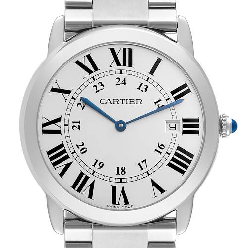 The Cartier Ronde W6701005 Men's Stainless Steel Silver Dial W6701005 Men's Stainless Steel Silver Dial watch is shown from the front, displaying the dial, Roman numerals, hands, crown, and part of the bracelet.