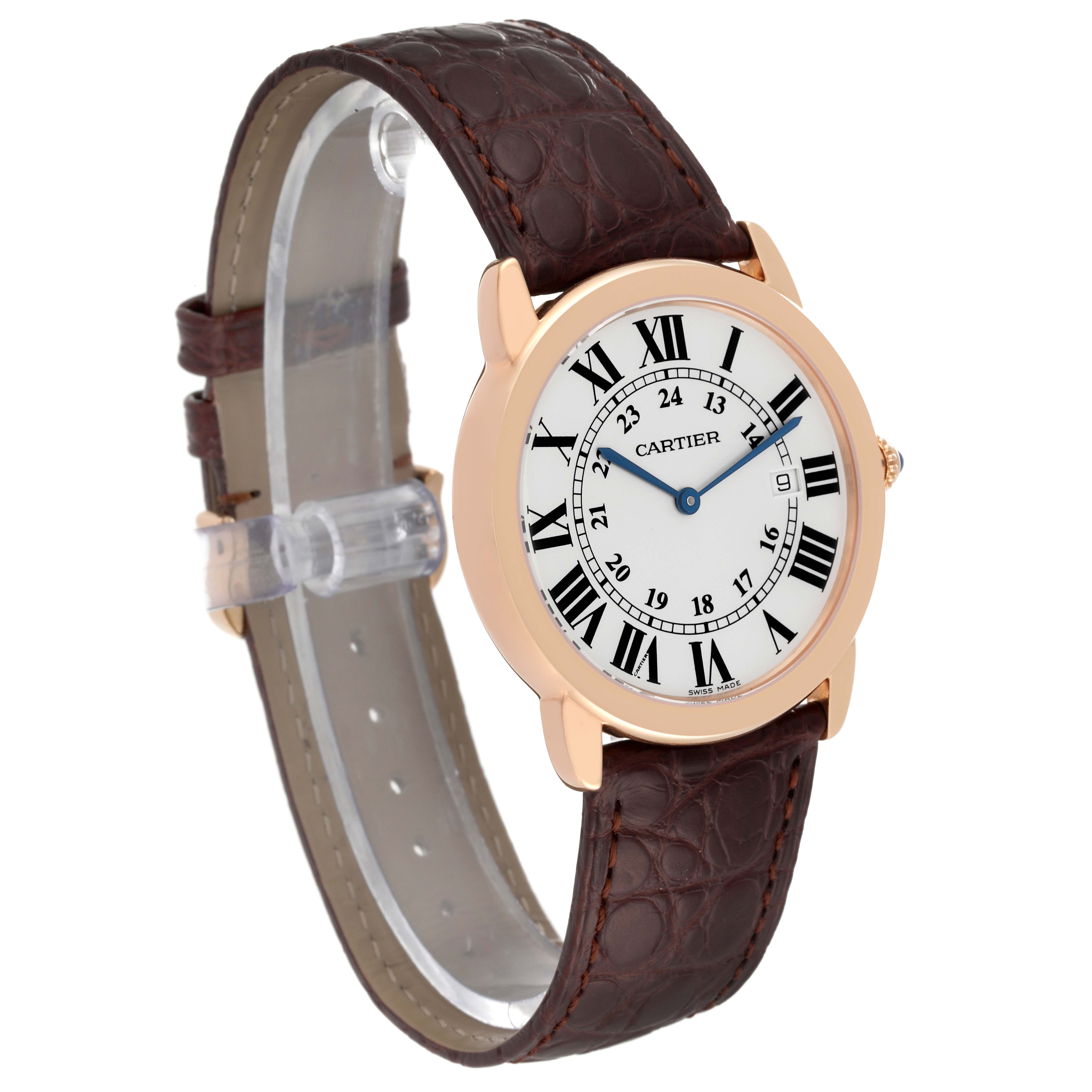 The Cartier Ronde W6701008 Men's Steel and Gold (two tone) Silver Dial W6701008 Men's Steel and Gold (two tone) Silver Dial watch is shown at a three-quarter angle displaying its round face and brown leather strap.