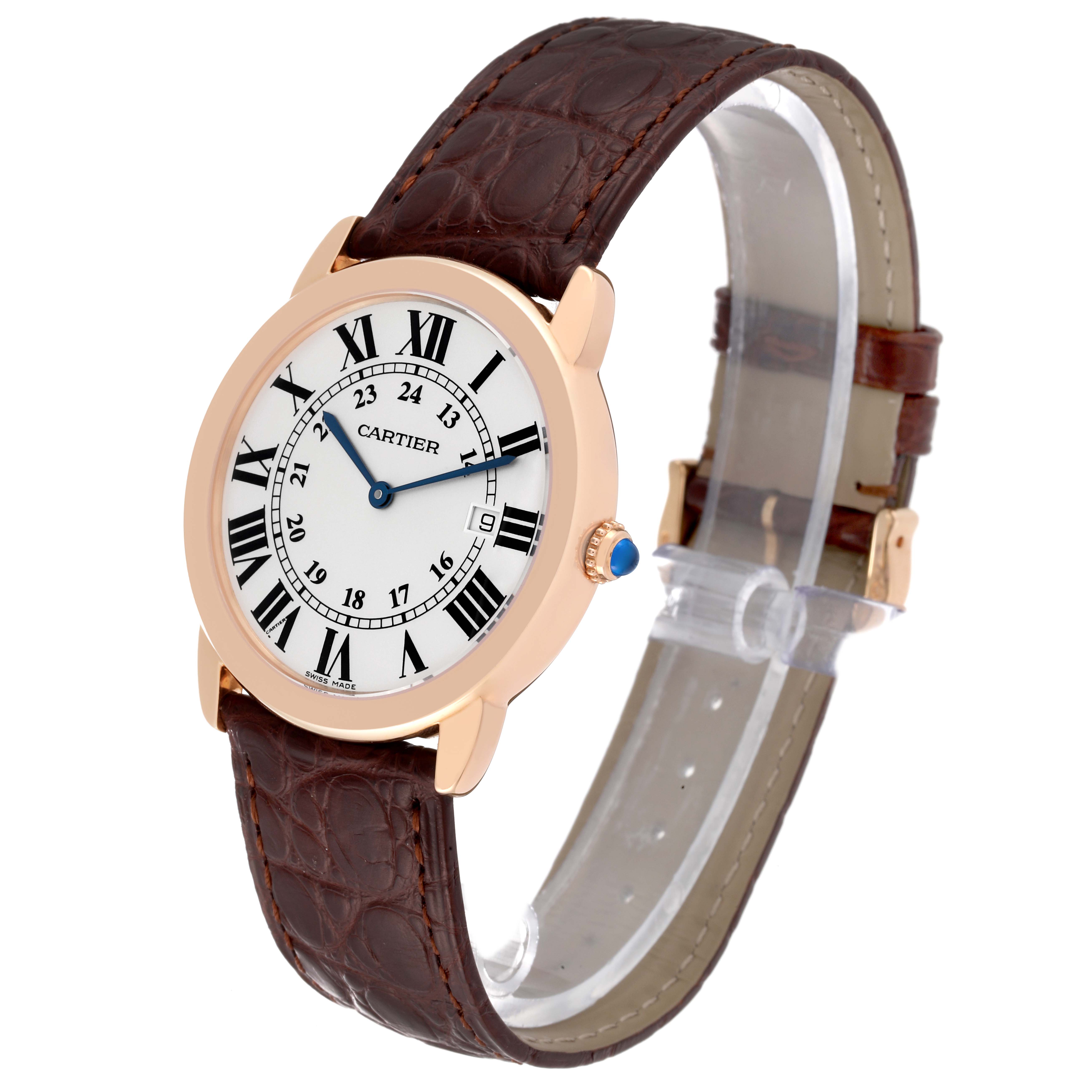 The image shows a Cartier Ronde W6701008 Men's Steel and Gold (two tone) Silver Dial W6701008 Men's Steel and Gold (two tone) Silver Dial watch at a front angle, highlighting the dial, crown, and brown leather strap.