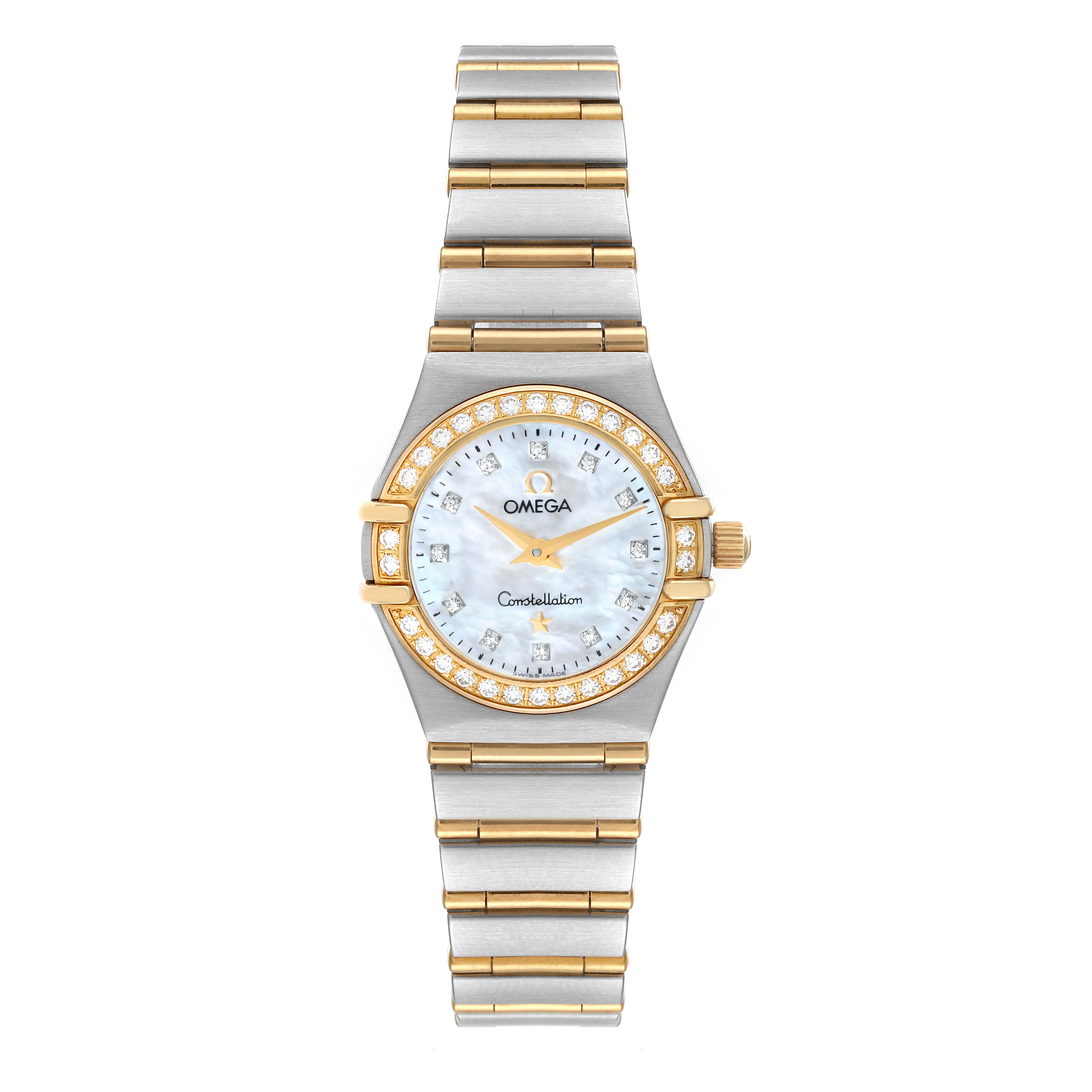 The Omega 1267.75.00 Women's Steel and Gold (two tone) Mother of Pearl Dial 1267.75.00 Women's Steel and Gold (two tone) Mother of Pearl Dial Constellation 95 Mother of Pearl Diamond Ladies Watch 1267.75.00 is shown from a top-down angle, highlighting its face, bezel, and bracelet.