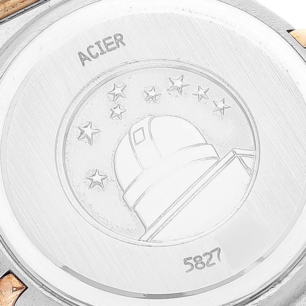 This image shows the back of the Omega 1267.75.00 Women's Steel and Gold (two tone) Mother of Pearl Dial 1267.75.00 Women's Steel and Gold (two tone) Mother of Pearl Dial Constellation 95 Mother of Pearl Diamond Ladies Watch 1267.75.00, featuring an observatory engraving.