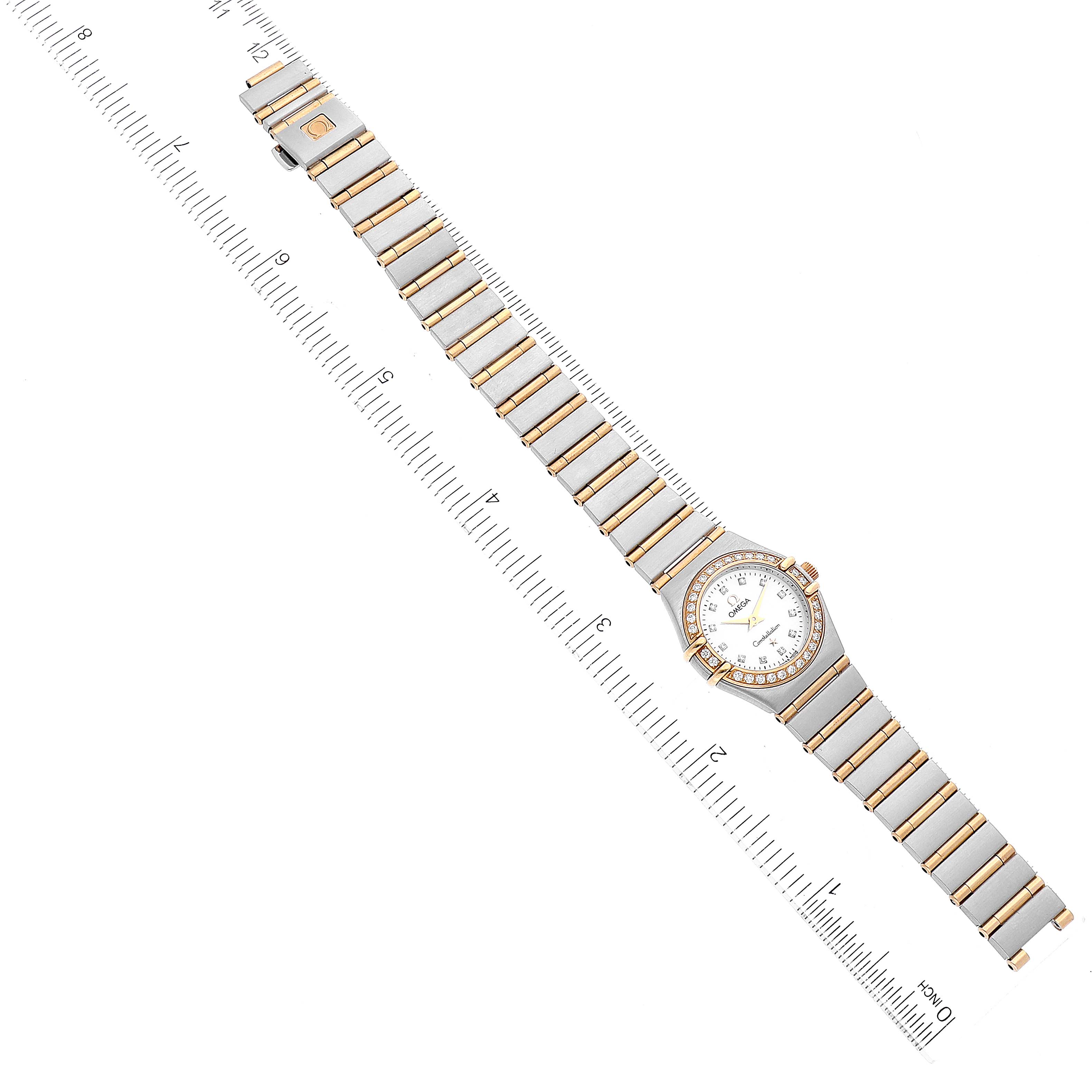 The image shows an aerial view of the Omega 1267.75.00 Women's Steel and Gold (two tone) Mother of Pearl Dial 1267.75.00 Women's Steel and Gold (two tone) Mother of Pearl Dial Constellation 95 Mother of Pearl Diamond Ladies Watch 1267.75.00, including the full strap and dial.