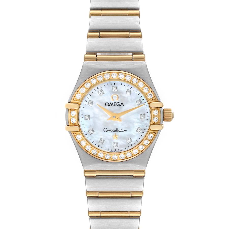 This image shows a frontal view of the Omega 1267.75.00 Women's Steel and Gold (two tone) Mother of Pearl Dial 1267.75.00 Women's Steel and Gold (two tone) Mother of Pearl Dial Constellation 95 Mother of Pearl Diamond Ladies Watch 1267.75.00, highlighting the dial, bezel, and bracelet.