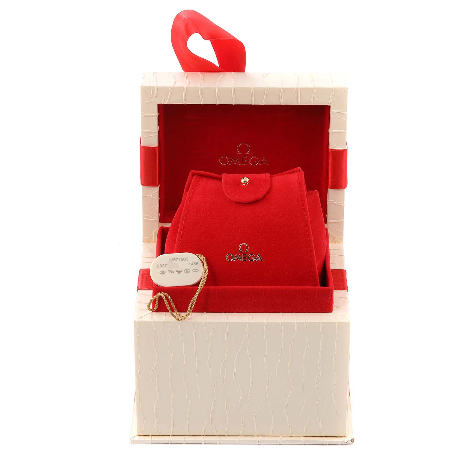 The image shows the packaging and red suede pouch for the Omega 1267.75.00 Women's Steel and Gold (two tone) Mother of Pearl Dial 1267.75.00 Women's Steel and Gold (two tone) Mother of Pearl Dial Constellation 95 Mother of Pearl Diamond Ladies Watch 1267.75.00.