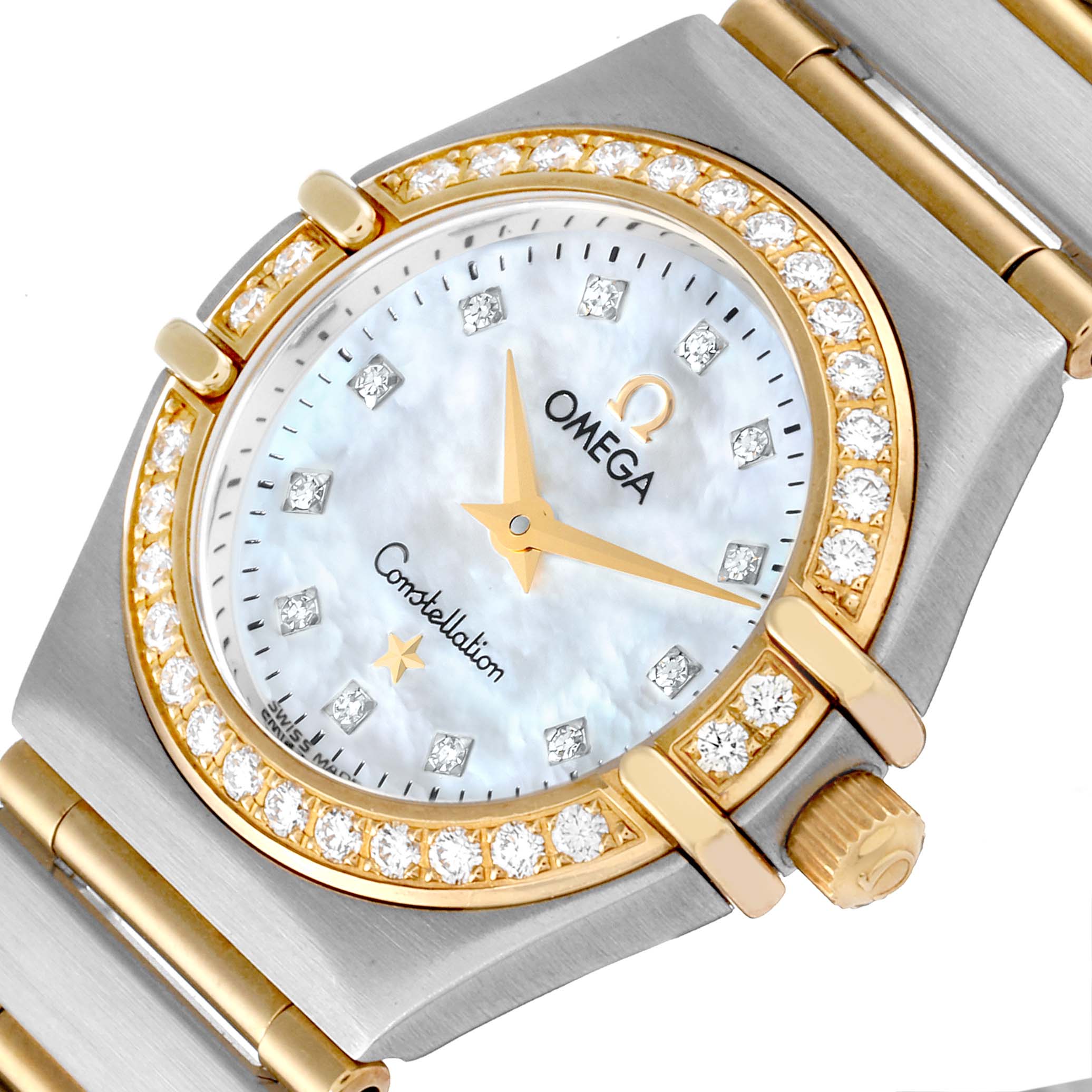 The Omega 1267.75.00 Women's Steel and Gold (two tone) Mother of Pearl Dial 1267.75.00 Women's Steel and Gold (two tone) Mother of Pearl Dial Constellation 95 Mother of Pearl Diamond Ladies Watch 1267.75.00 is shown from a top angle, highlighting its dial, bezel, and bracelet.