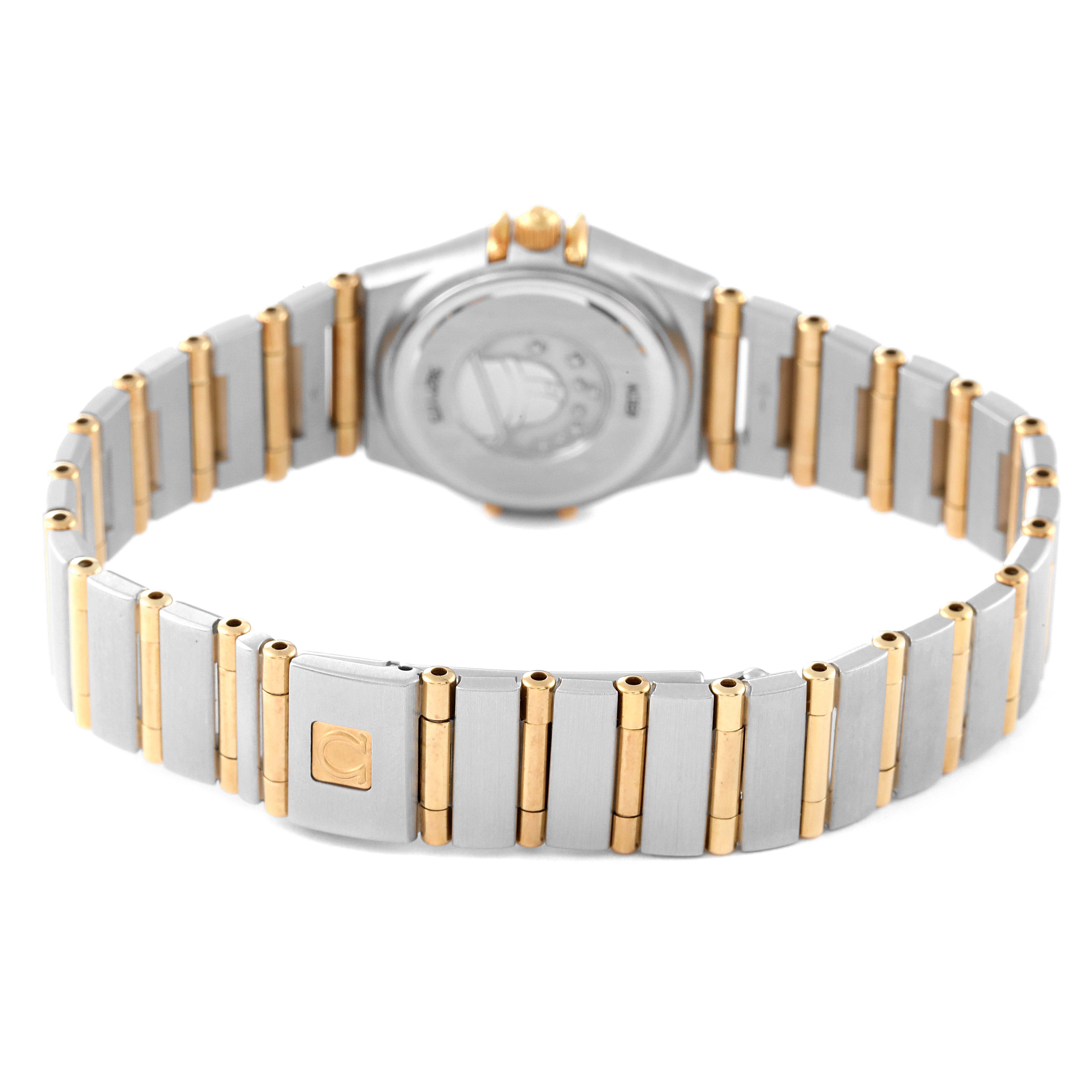 This image shows the back and bracelet of the Omega 1267.75.00 Women's Steel and Gold (two tone) Mother of Pearl Dial 1267.75.00 Women's Steel and Gold (two tone) Mother of Pearl Dial Constellation 95 Mother of Pearl Diamond Ladies Watch 1267.75.00.