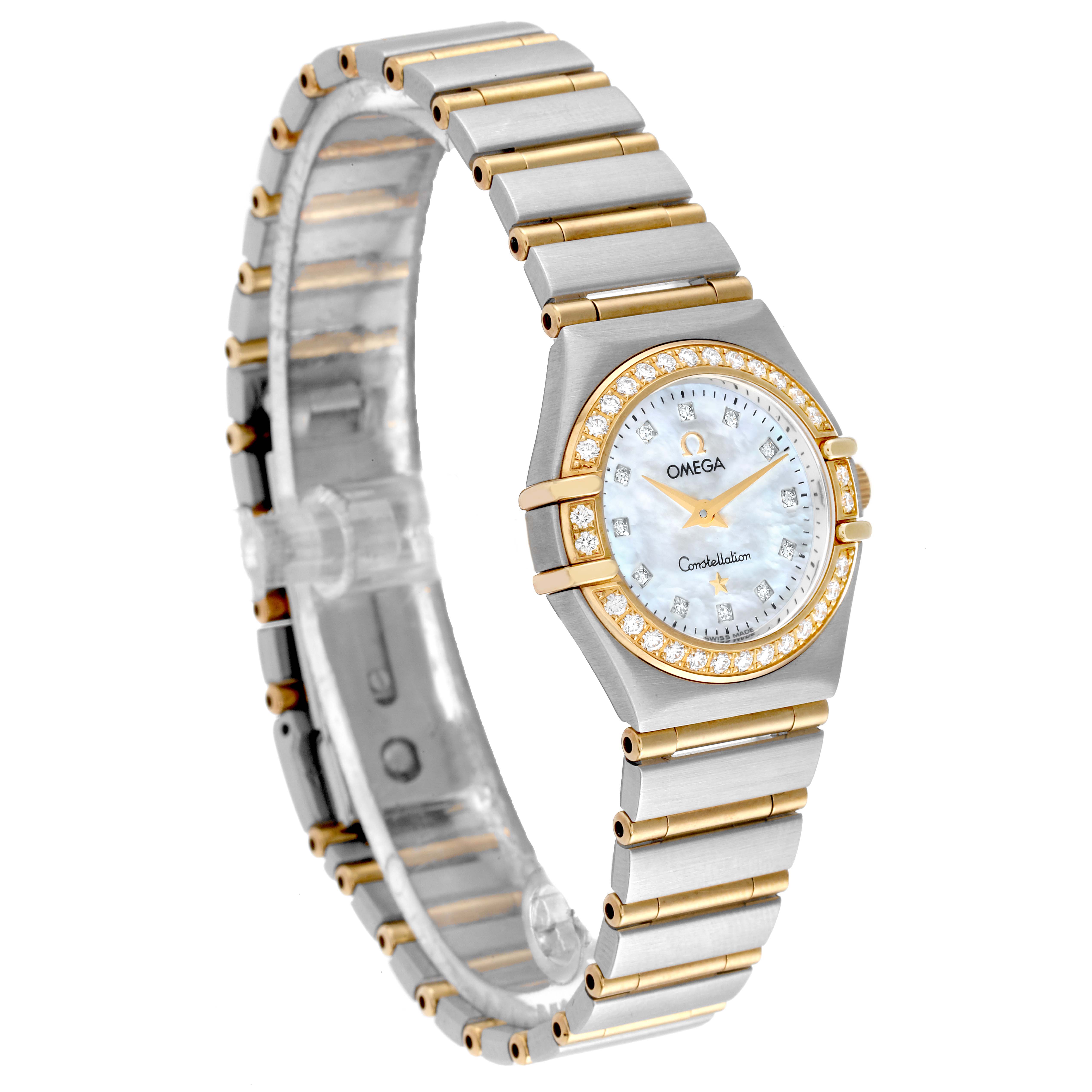 The image shows a left-side angled view of the Omega 1267.75.00 Women's Steel and Gold (two tone) Mother of Pearl Dial 1267.75.00 Women's Steel and Gold (two tone) Mother of Pearl Dial Constellation 95 Mother of Pearl Diamond Ladies Watch 1267.75.00.
