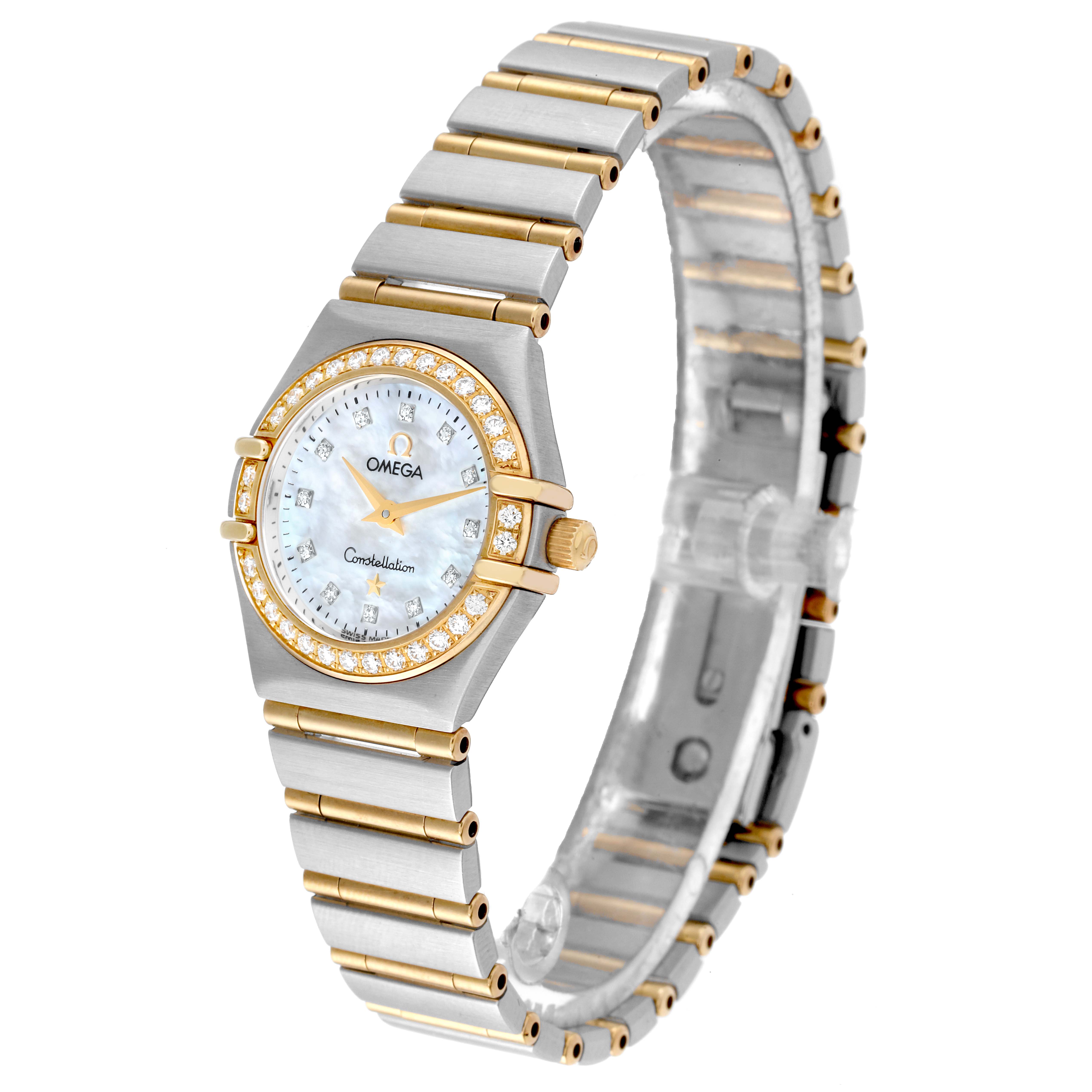 The image shows an angled view of the Omega 1267.75.00 Women's Steel and Gold (two tone) Mother of Pearl Dial 1267.75.00 Women's Steel and Gold (two tone) Mother of Pearl Dial Constellation 95 Mother of Pearl Diamond Ladies Watch 1267.75.00, displaying the face and bracelet.