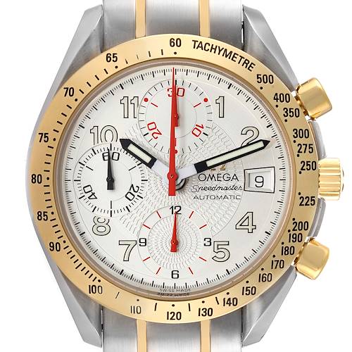 This image shows a front view of the Omega Speedmaster 3313.33.00 Men's Steel and Gold (two tone) White Dial 3313.33.00 Men's Steel and Gold (two tone) White Dial watch, highlighting its dial, subdials, hands, and tachymeter bezel.