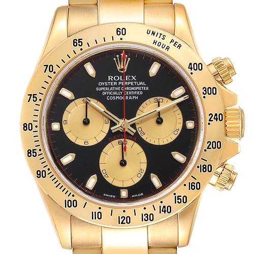 The image shows the front view of a Rolex Daytona 116528 Men's Yellow Gold Black Dial 116528 Men's Yellow Gold Black Dial watch, highlighting the dial, bezel, and chronograph subdials.