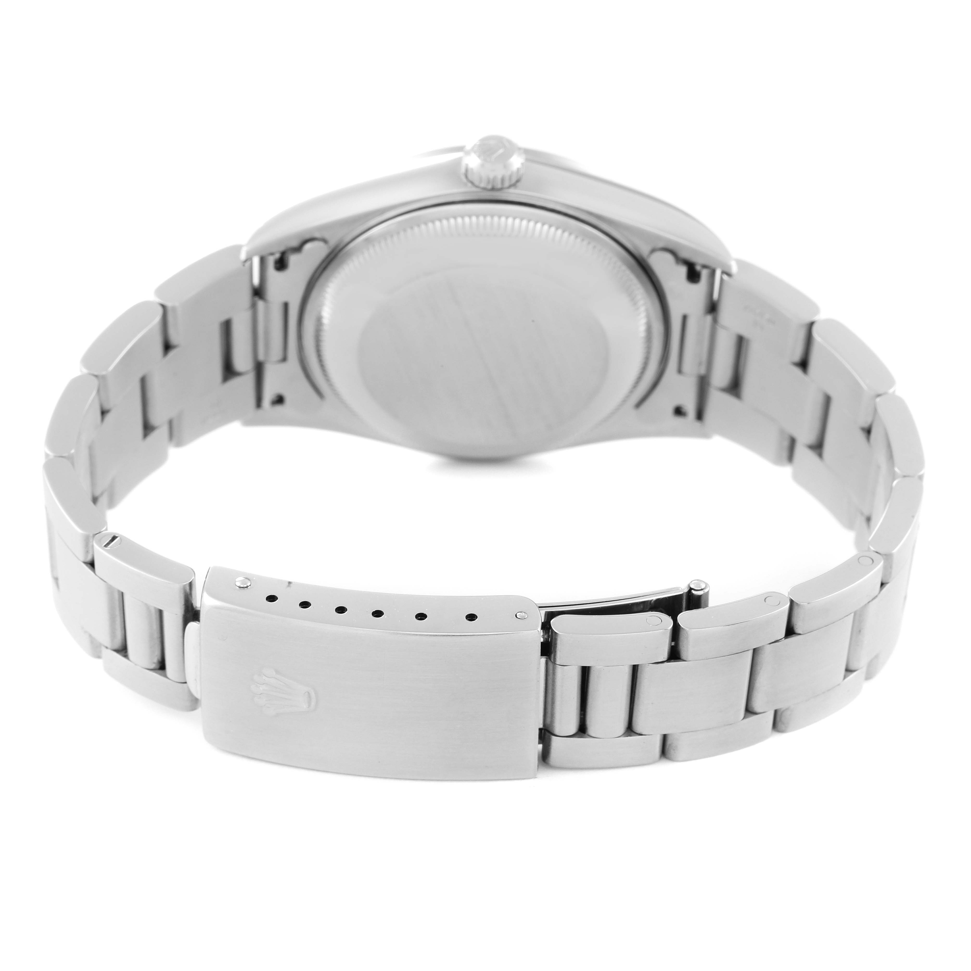 The image shows the backside and clasp of the Rolex Date 15200 Men's Stainless Steel White Dial 15200 Men's Stainless Steel White Dial model watch, highlighting the bracelet and caseback.