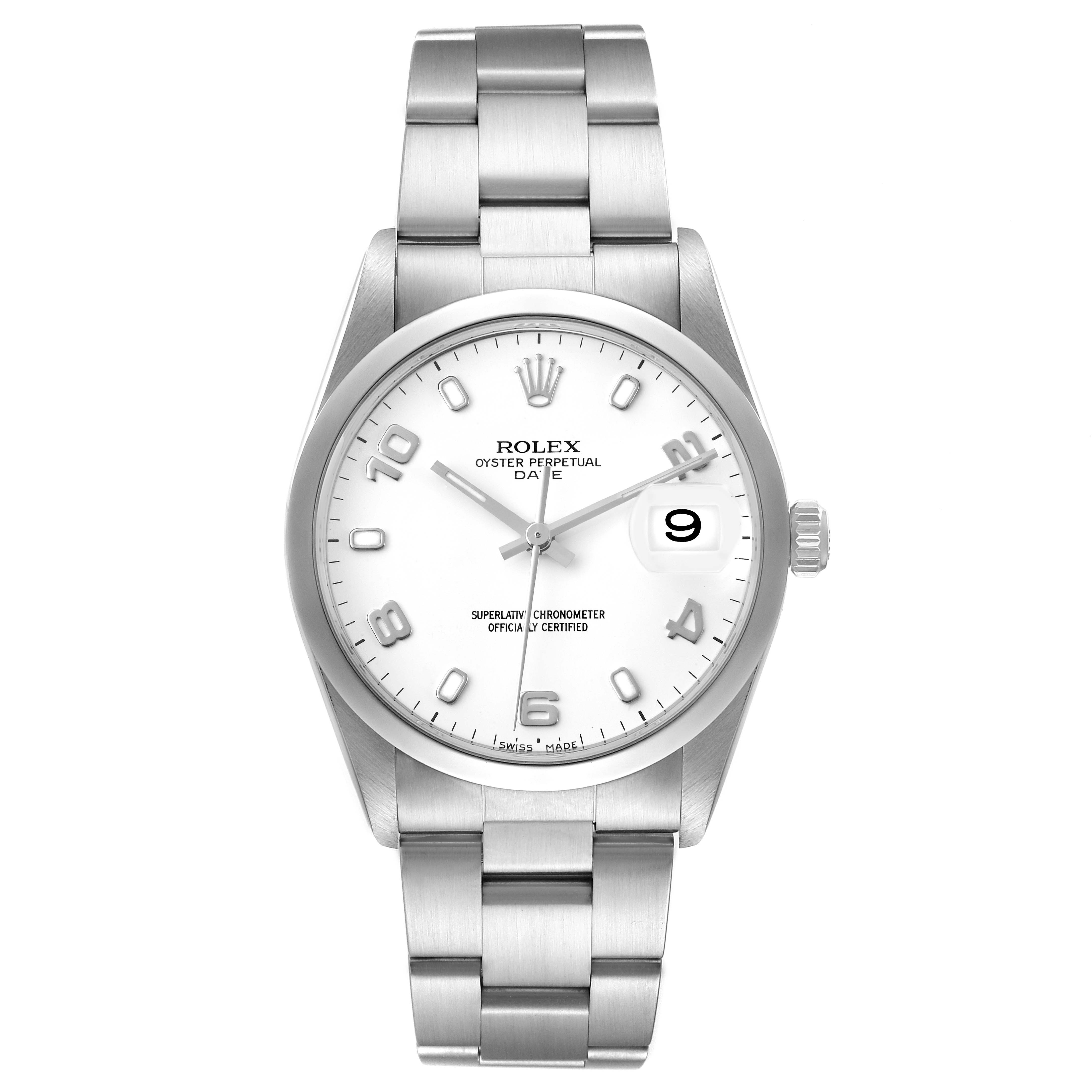 The image shows a front view of the Rolex Date 15200 Men's Stainless Steel White Dial 15200 Men's Stainless Steel White Dial model watch, displaying the dial, bracelet, and date window.