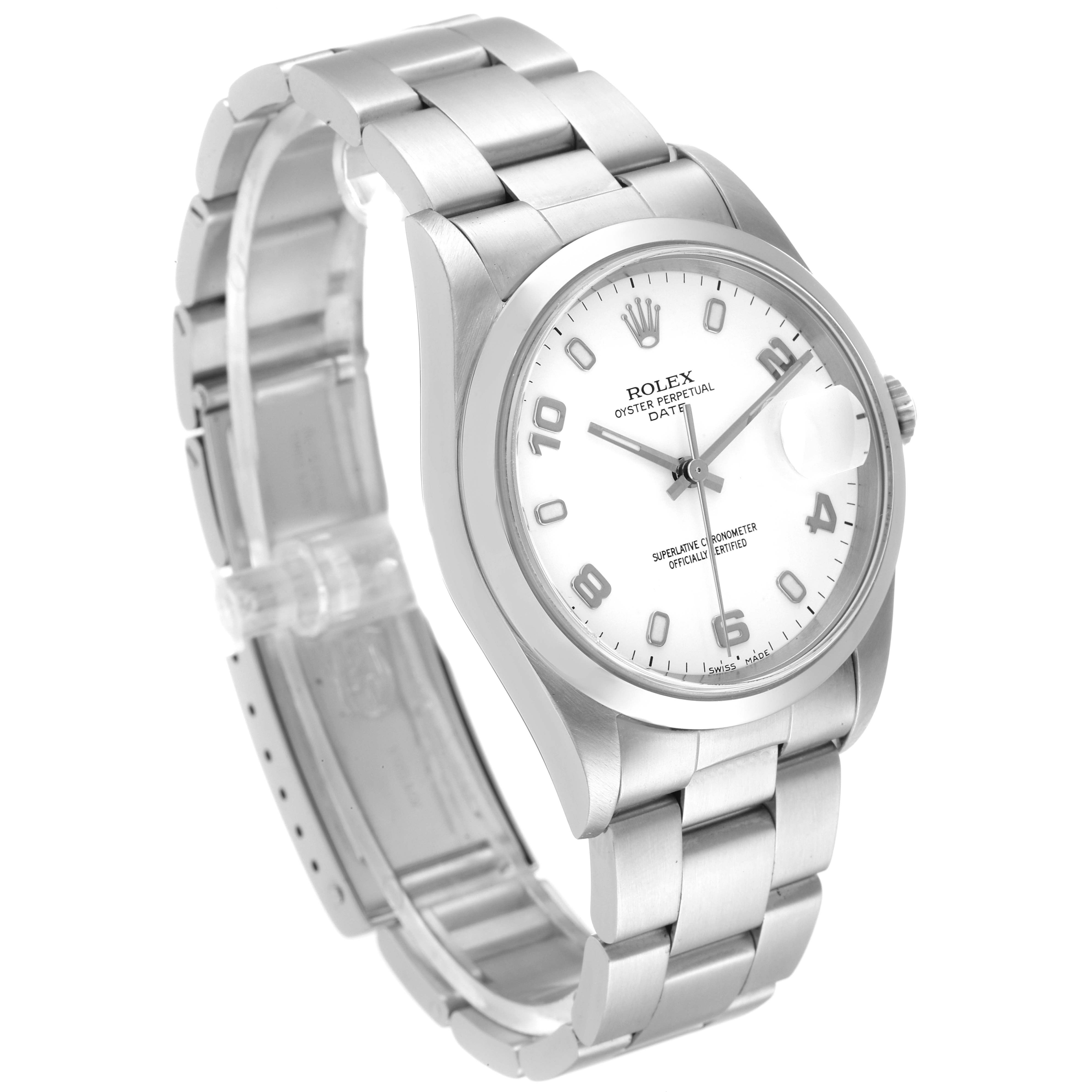 The image shows a Rolex Date 15200 Men's Stainless Steel White Dial 15200 Men's Stainless Steel White Dial model watch at an angled side view, highlighting the dial, bracelet, and clasp partially open.