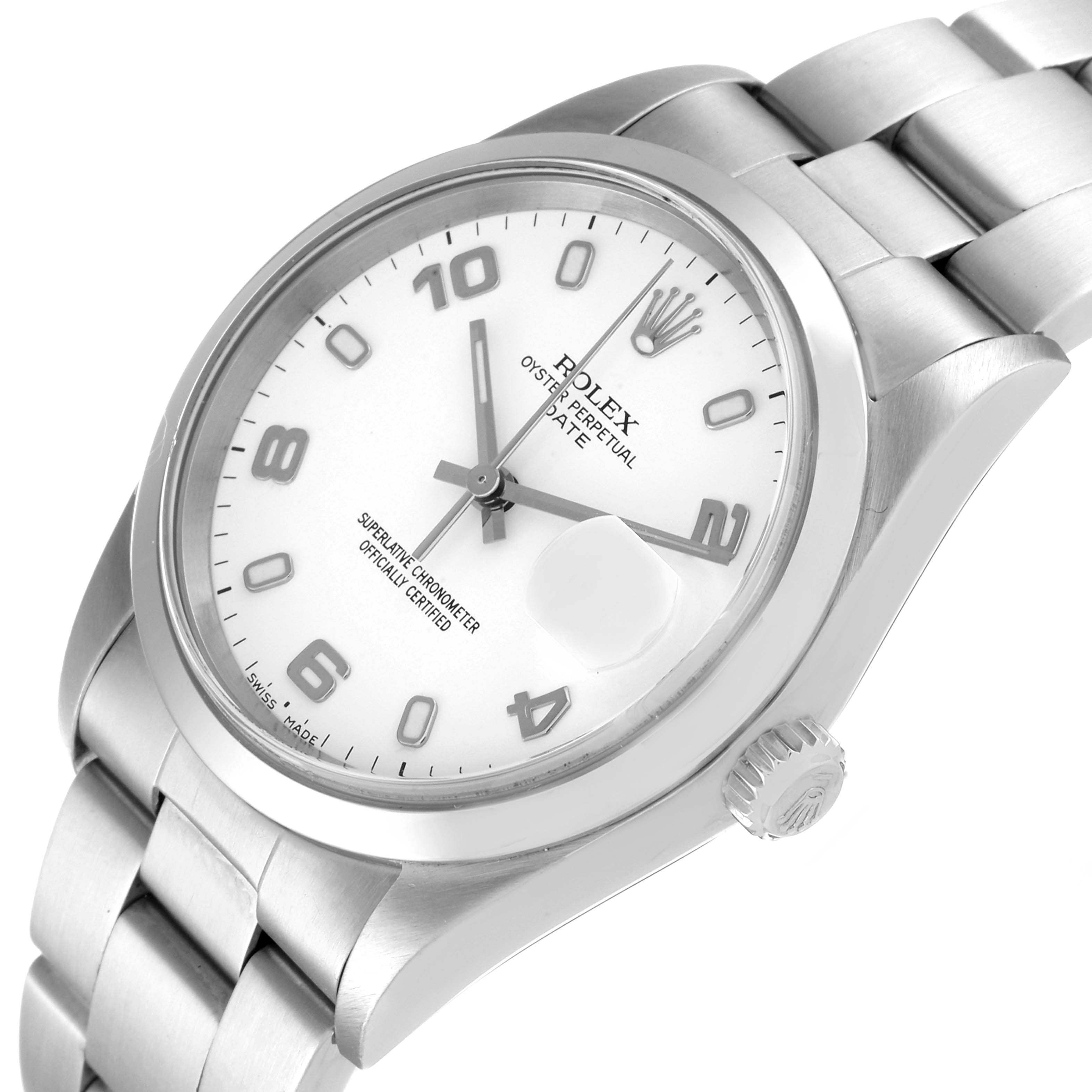 The image shows the Rolex Date 15200 Men's Stainless Steel White Dial 15200 Men's Stainless Steel White Dial model watch at a slight angle, displaying the dial, bracelet, crown, and magnified date feature.