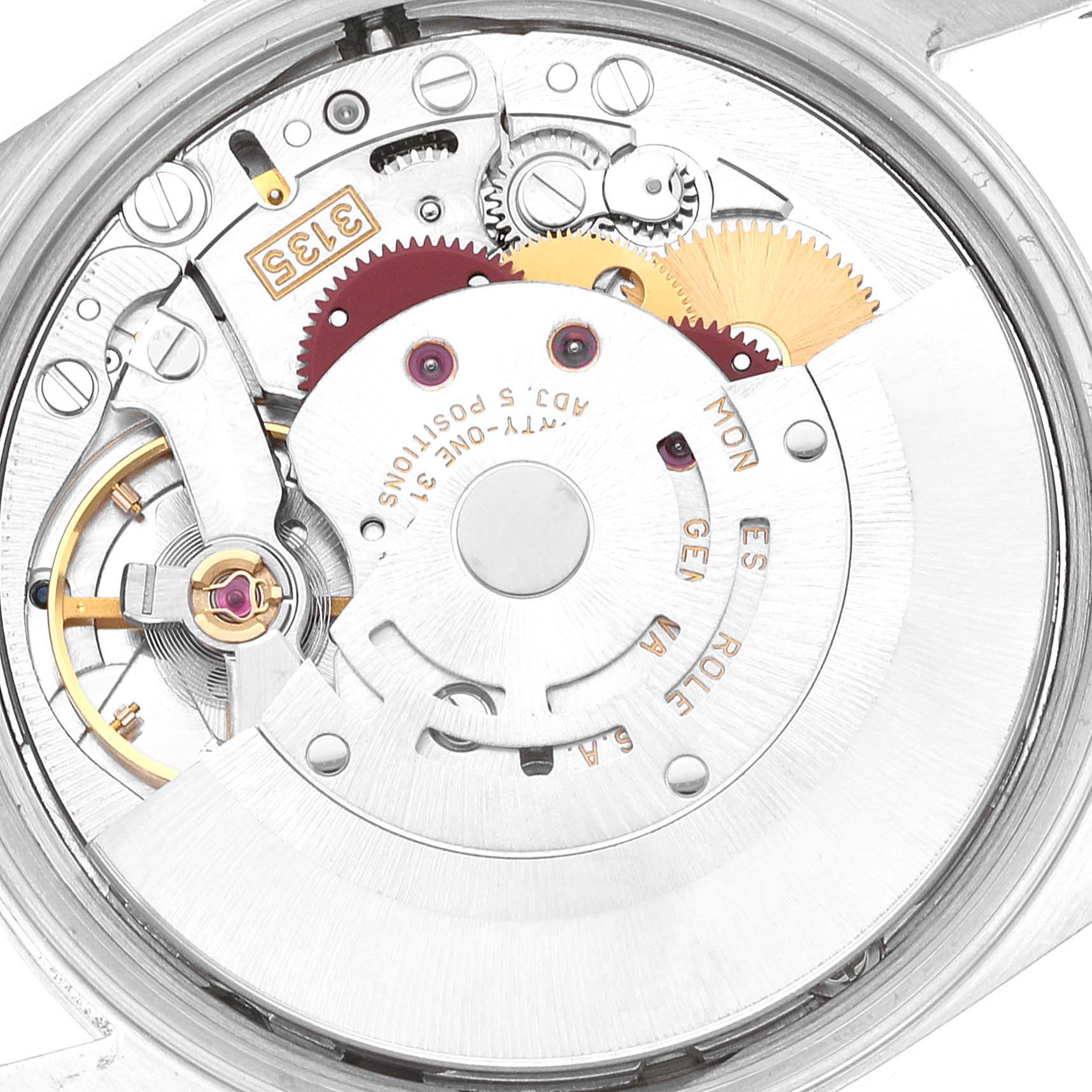 This image shows a close-up, top-down view of the internal movement mechanism of a Rolex Date 15200 Men's Stainless Steel White Dial 15200 Men's Stainless Steel White Dial model watch.