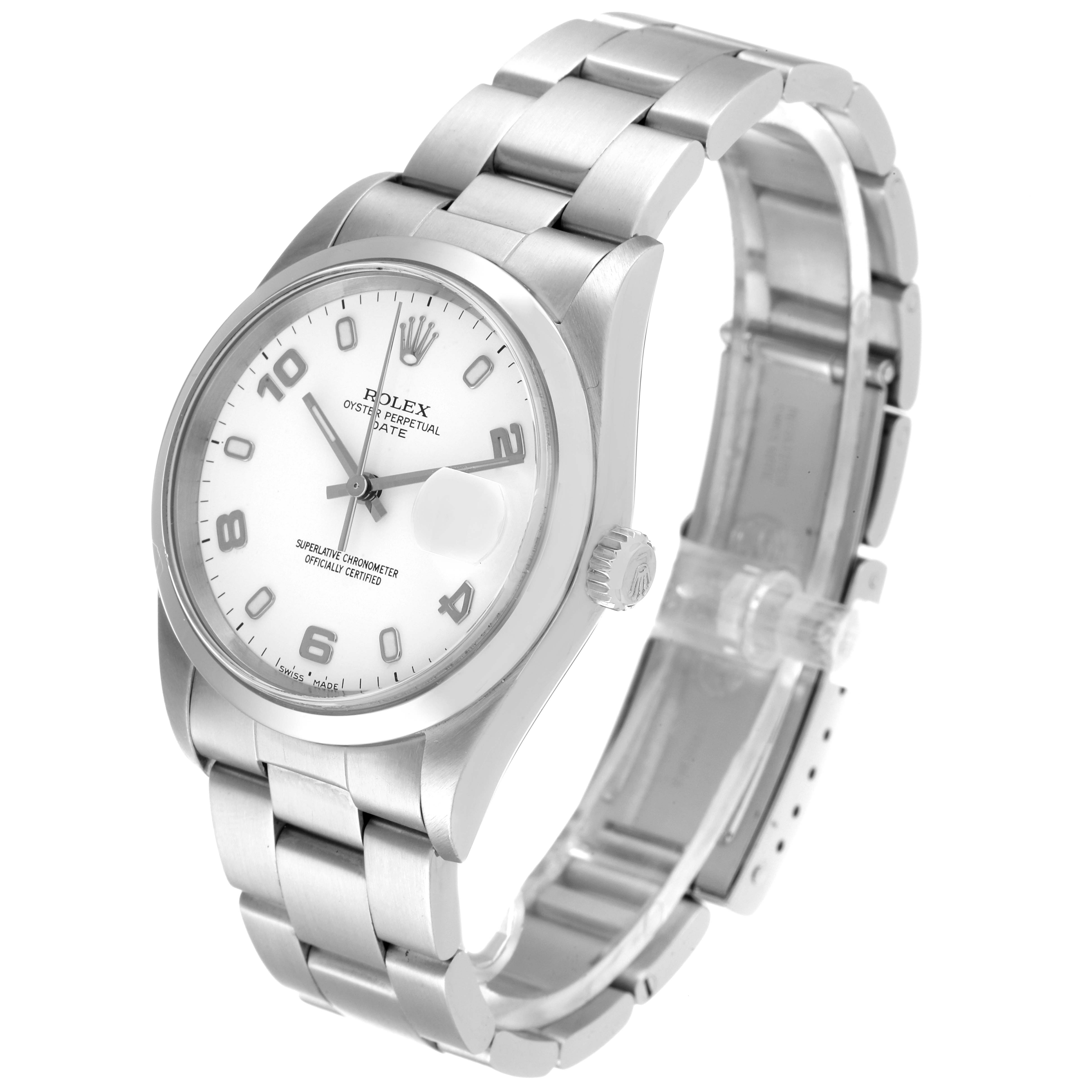 The Rolex Date 15200 Men's Stainless Steel White Dial 15200 Men's Stainless Steel White Dial model watch is shown at a slight angle, displaying the face, bezel, crown, and bracelet.