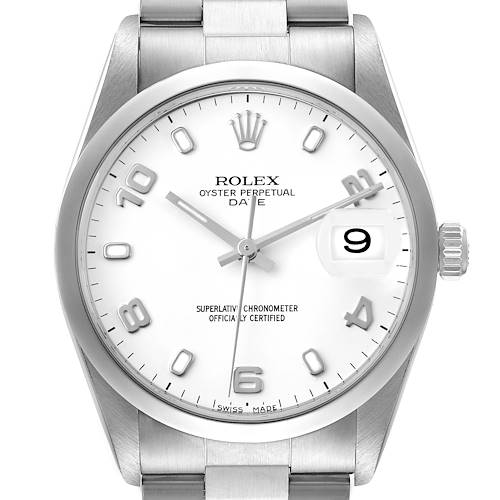 The image shows a head-on view of the Rolex Oyster Perpetual Date, highlighting its dial, hands, crown, and part of the bracelet.