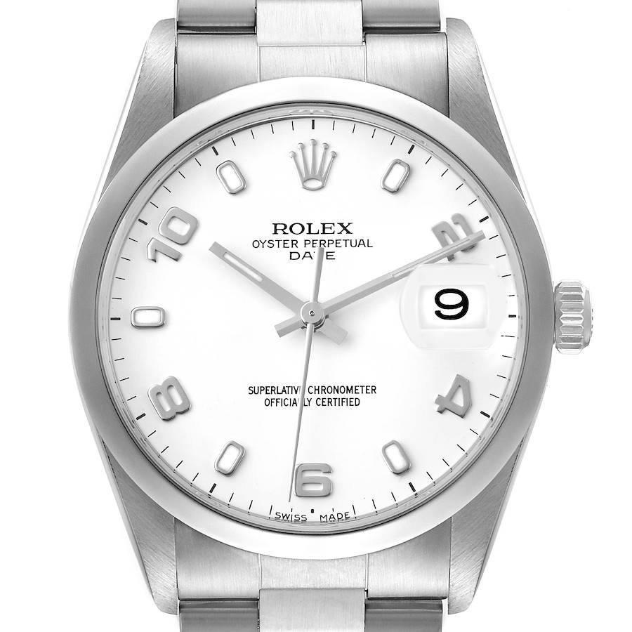 This image shows a front view of the Rolex Oyster Perpetual Date model, highlighting the dial, crown, and part of the bracelet.