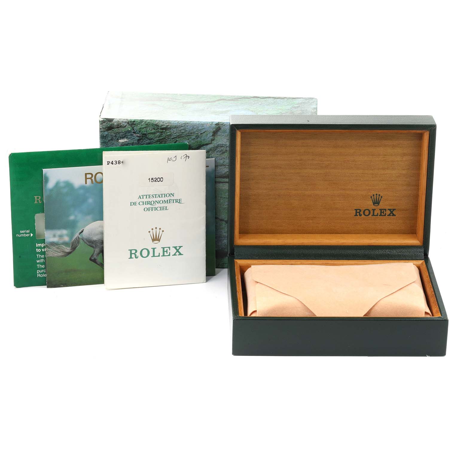 This image shows the packaging and documentation for the Rolex Date 15200 Men's Stainless Steel White Dial 15200 Men's Stainless Steel White Dial model, including the box, manuals, and warranty card.