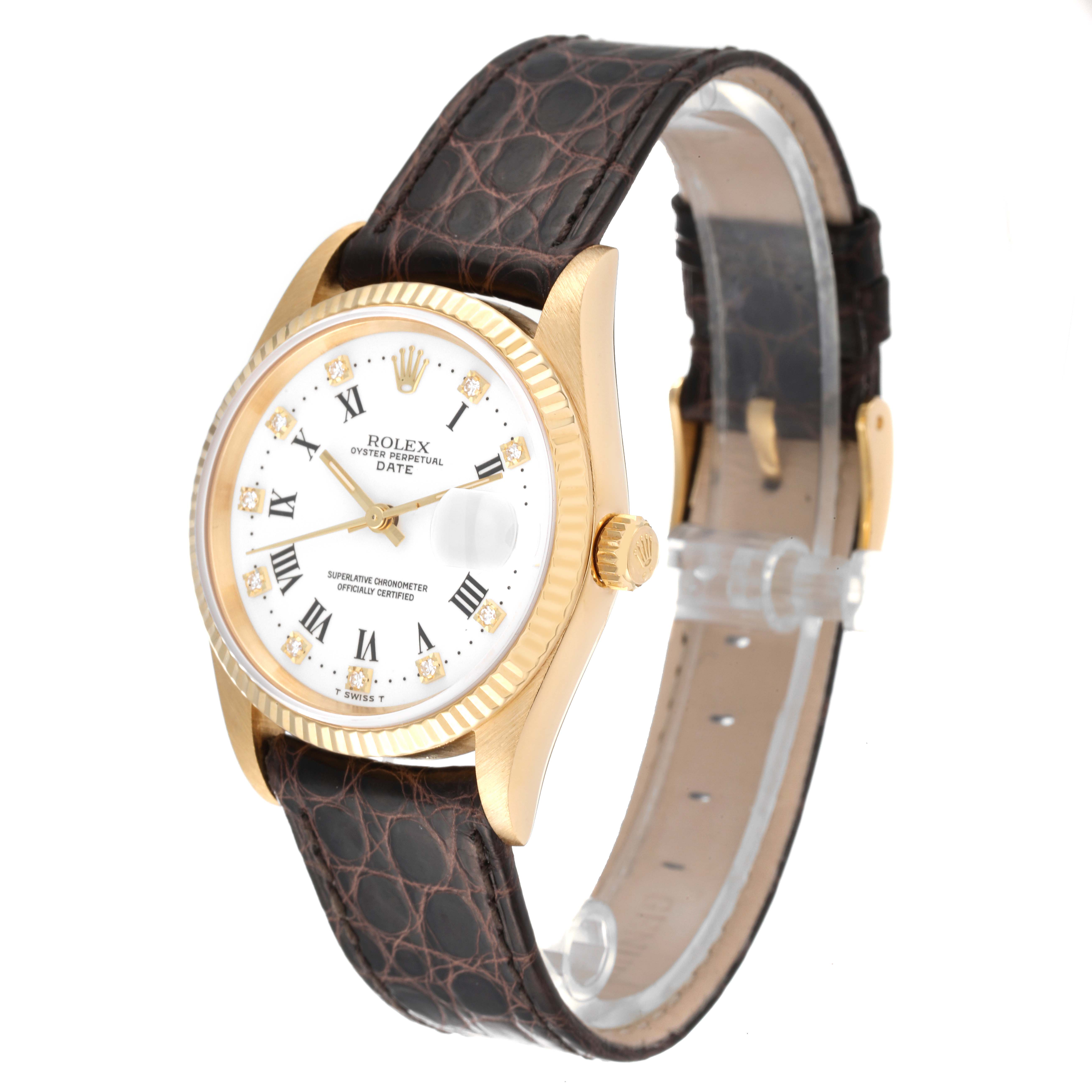 The image shows a Rolex Date 15238 Men's Yellow Gold White Dial 15238 Men's Yellow Gold White Dial model watch at an angled front view, highlighting its face, bezel, crown, and leather strap.