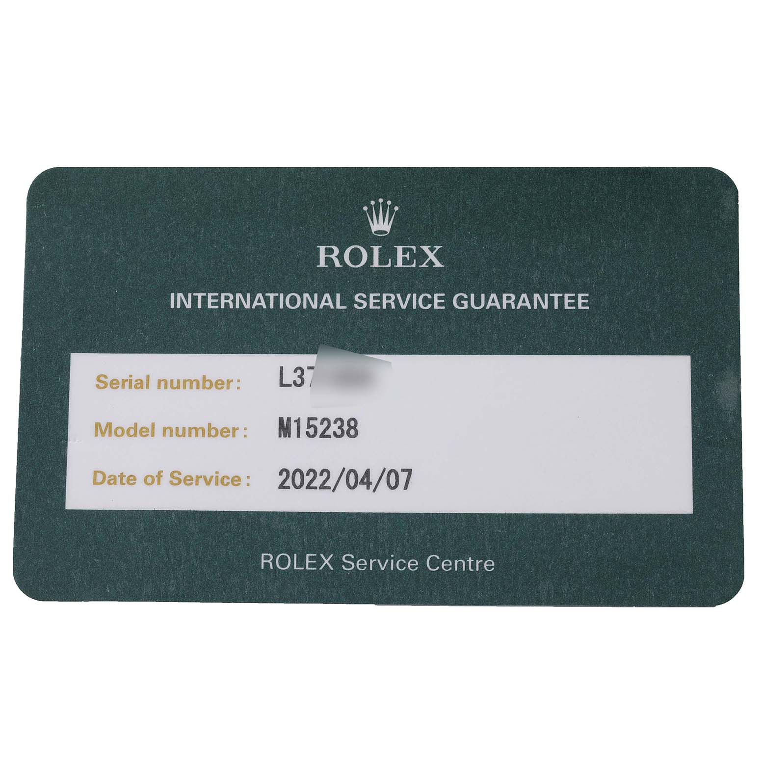This is a Rolex service guarantee card for the Rolex Date 15238 Men's Yellow Gold White Dial 15238 Men's Yellow Gold White Dial model, showing the serial number, model number, and service date.