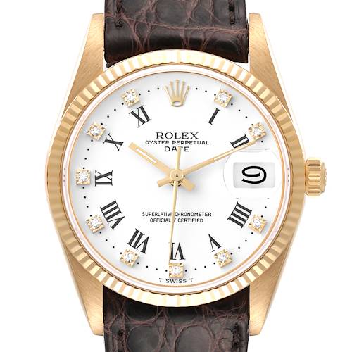 The Rolex Date 15238 Men's Yellow Gold White Dial 15238 Men's Yellow Gold White Dial model watch is shown from a straight-on angle, displaying the watch face, bezel, and leather strap.