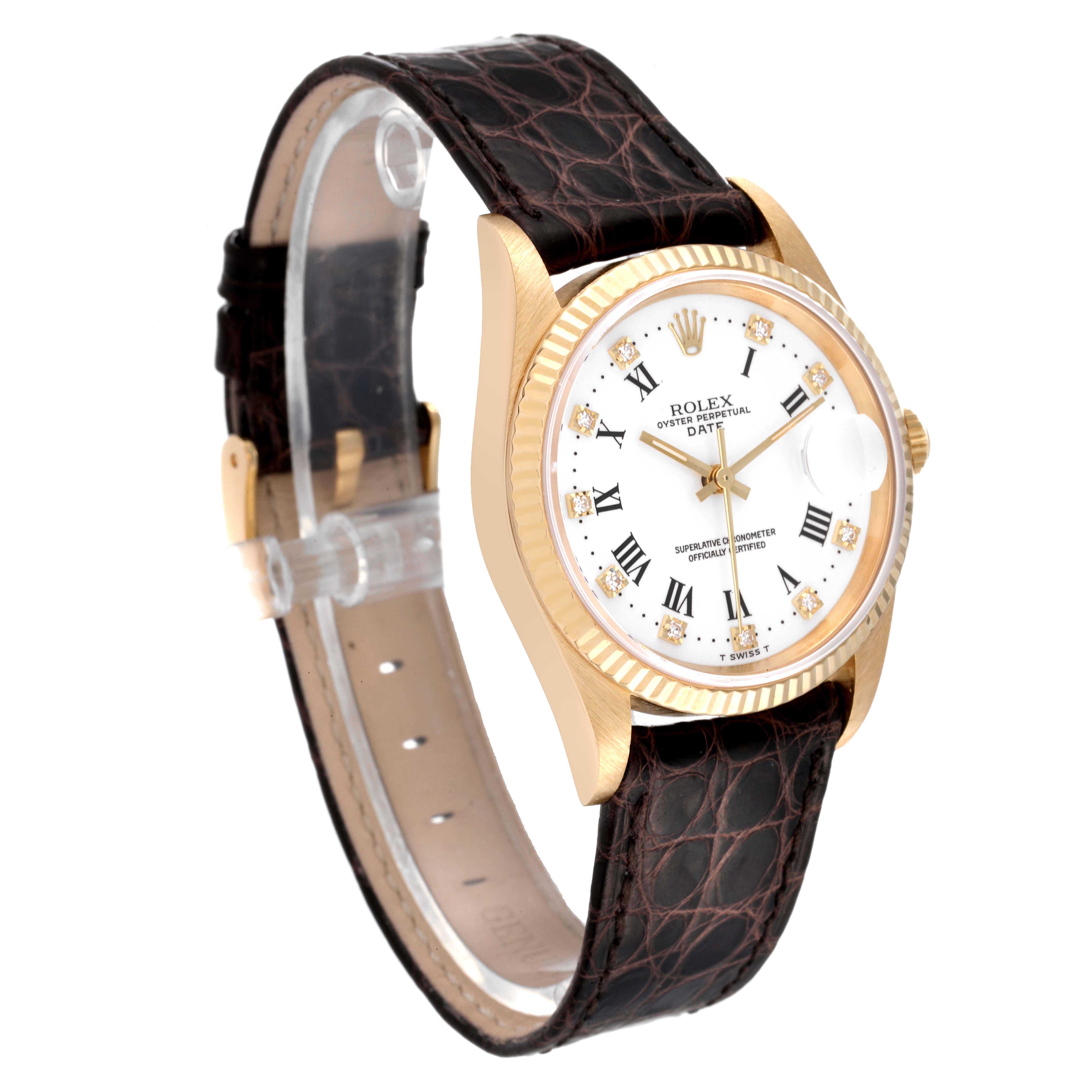 The image shows a side-angle view of a Rolex Date 15238 Men's Yellow Gold White Dial 15238 Men's Yellow Gold White Dial model watch, displaying its dial, gold case, and leather strap.