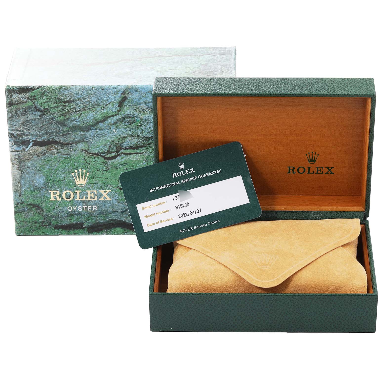 The image shows a Rolex Date 15238 Men's Yellow Gold White Dial 15238 Men's Yellow Gold White Dial model watch box, an international service guarantee card, and a pouch at an angled view.