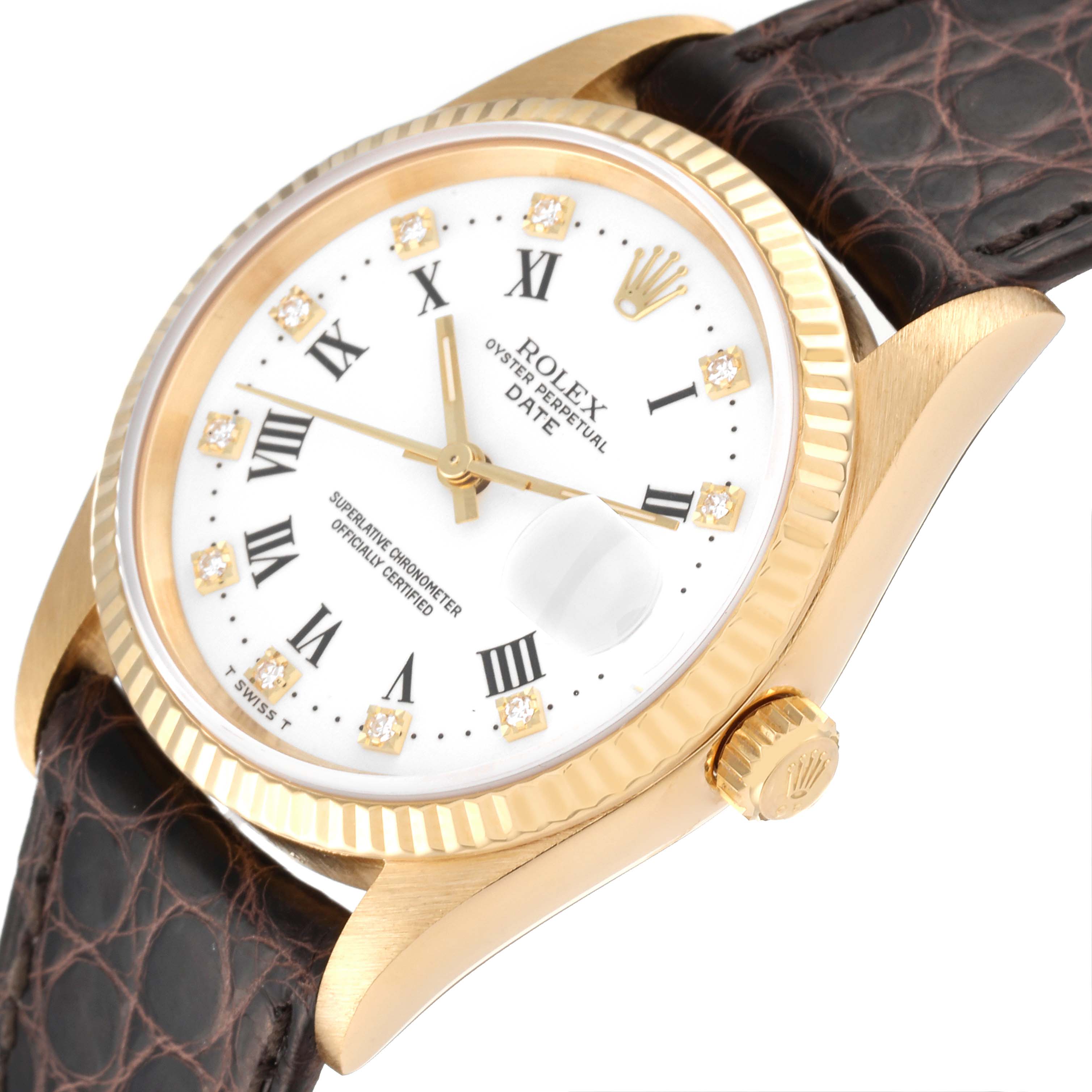 This image shows the dial, bezel, crown, and strap of the Rolex Date 15238 Men's Yellow Gold White Dial 15238 Men's Yellow Gold White Dial model watch from a slightly angled perspective.