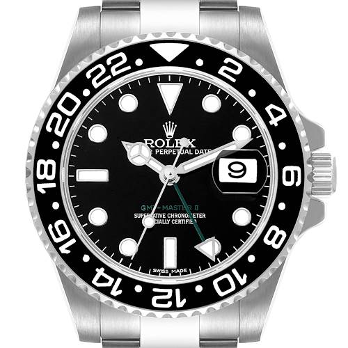 The image shows the front face of a Rolex GMT-Master 116710 Men's Stainless Steel Black Dial 116710 Men's Stainless Steel Black Dial II watch, including the dial, bezel, hands, date window, and part of the bracelet.
