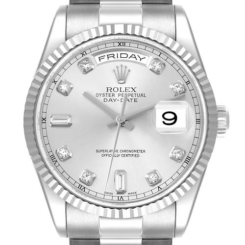 The image shows a front view of the Rolex President 118239A Men's White Gold Silver Dial 118239A Men's White Gold Silver Dial model watch, displaying its face, bezel, and part of the bracelet.