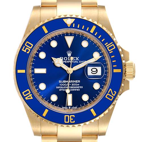 This image shows a frontal view of a Rolex Submariner 126618 Men's Yellow Gold Black Dial 126618 Men's Yellow Gold Black Dial watch, highlighting its blue dial, blue bezel, and gold casing.