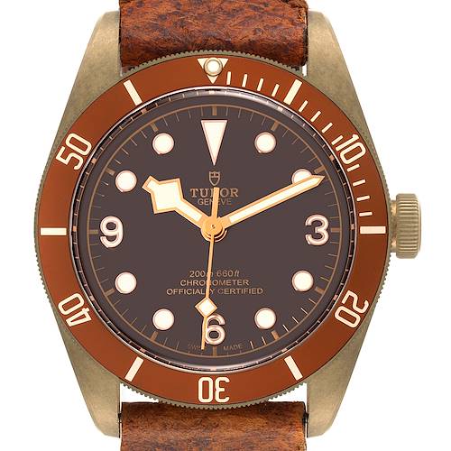 The Tudor Heritage Black Bay 79250B Men's Bronze Brown Dial 79250B Men's Bronze Brown Dial watch is shown from a front angle, highlighting the dial, bezel, crown, and strap.