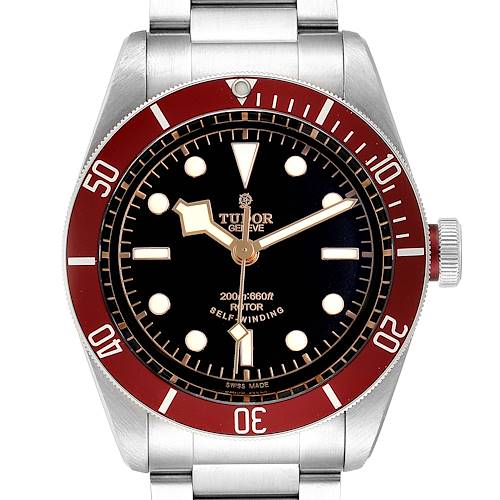 The image shows a front view of the Tudor Heritage Black Bay 79220R Men's Stainless Steel Black Dial 79220R Men's Stainless Steel Black Dial watch, highlighting its dial, bezel, and bracelet.
