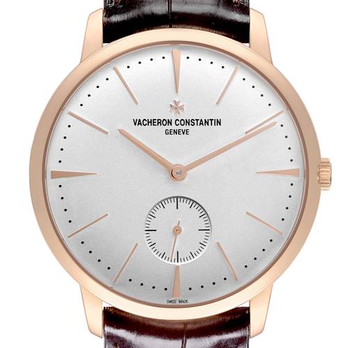 The Vacheron Constantin Patrimony 1110U/000R-B085 Men's Rose Gold Silver Dial 1110U/000R-B085 Men's Rose Gold Silver Dial watch is shown from the front, highlighting the dial, hands, and crown.