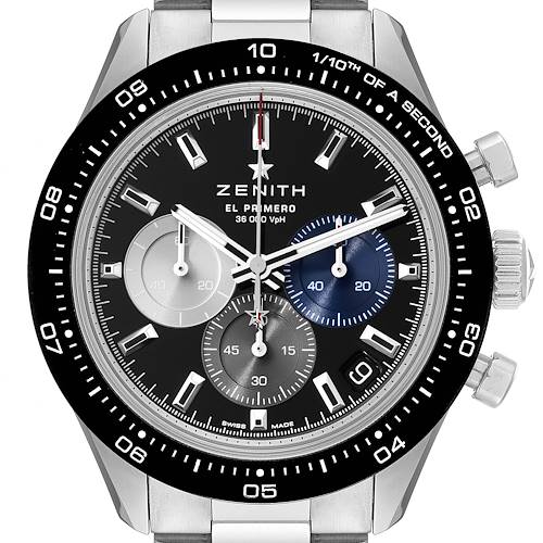 The image shows a front view of the Zenith Chronomaster 03.3100.3600 Men's Stainless Steel Black Dial 03.3100.3600 Men's Stainless Steel Black Dial watch, highlighting its bezel, sub-dials, hands, and crown.