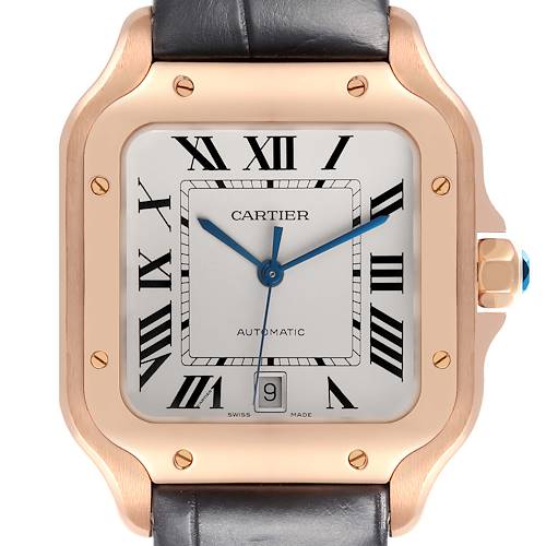 The Cartier Santos WGSA0011 Men's Rose Gold Silver Dial WGSA0011 Men's Rose Gold Silver Dial watch is shown from the front, displaying its face, bezel, crown, and part of the strap.