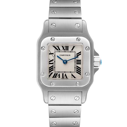 The Cartier Santos W20056D6 Women's Stainless Steel Silver Dial W20056D6 Women's Stainless Steel Silver Dial watch is shown from a front angle, highlighting its square face, Roman numerals, and metal bracelet.