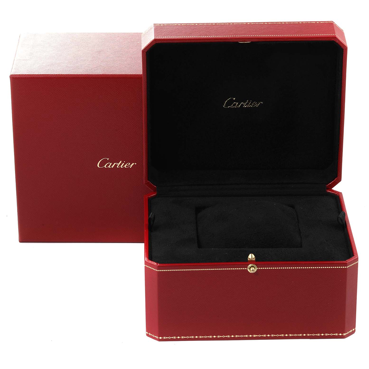 The image shows a Cartier Tank Americaine W26015K2 Women's Yellow Gold Silver Dial W26015K2 Women's Yellow Gold Silver Dial watch box, open to display the interior and its watch cushion.