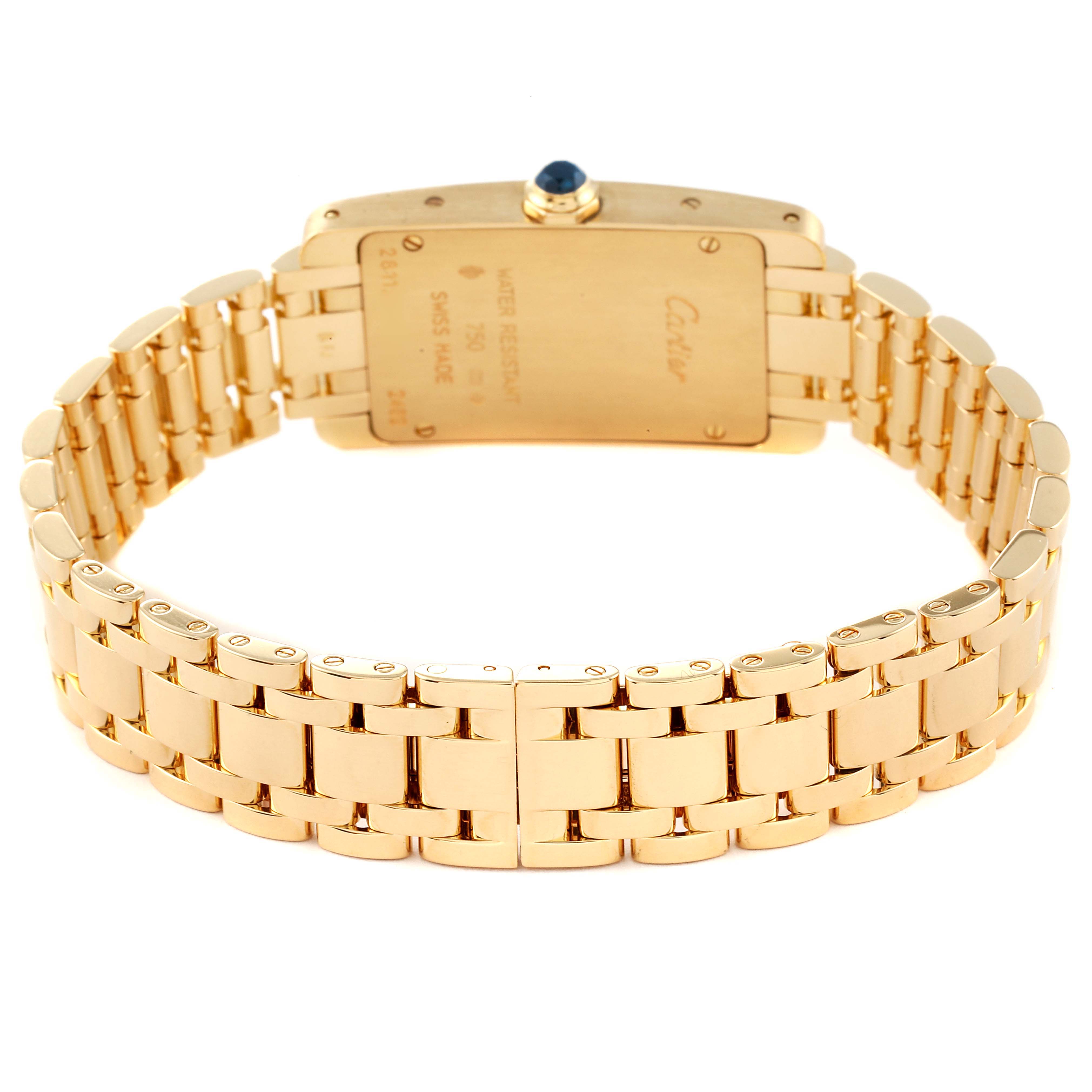 The image shows the back and bracelet of a Cartier Tank Americaine W26015K2 Women's Yellow Gold Silver Dial W26015K2 Women's Yellow Gold Silver Dial watch, focusing on its gold links and clasp.