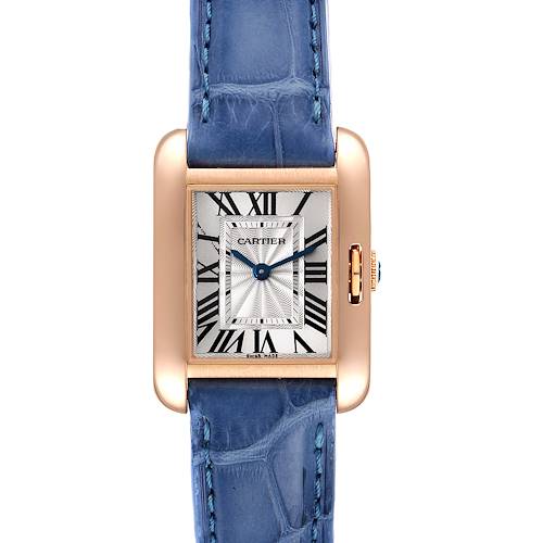 The image shows a front view of the Cartier Tank Anglaise WT100024 Women's Rose Gold Silver Dial WT100024 Women's Rose Gold Silver Dial watch, including its gold case, blue leather strap, and roman numeral dial.