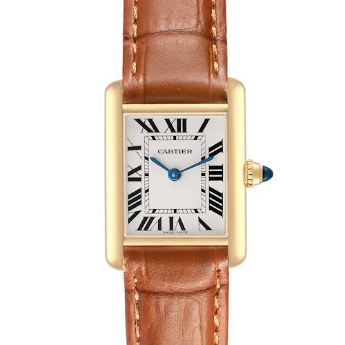The Cartier Tank Louis W1529856 Women's Yellow Gold Silver Dial watch is shown from a top-down angle, highlighting the face, leather strap, and crown.