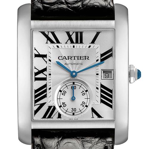 The Cartier Tank MC W5330003 Men's Stainless Steel Silver Dial watch is shown from the front, displaying its rectangular case, blue hands, Roman numerals, subdial, and crown.