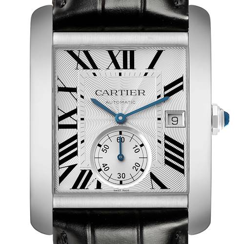The image shows a frontal view of the Cartier Tank MC W5330003 Men's Stainless Steel Silver Dial watch, highlighting the face, dial, and crown.