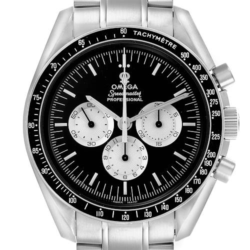The Omega Speedmaster 311.32.42.30.01.001 Men's Stainless Steel Black Dial 311.32.42.30.01.001 Men's Stainless Steel Black Dial watch is shown from a front angle, highlighting the face, sub-dials, and tachymeter bezel.