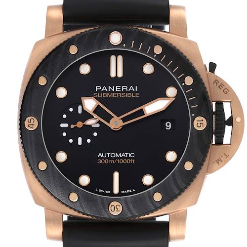 The Panerai Submersible PAM01070 Men's Rose Gold Black Dial PAM01070 Men's Rose Gold Black Dial watch is shown from the front, displaying the bezel, dial, hands, and crown guard.