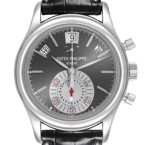 The Patek Philippe Complications 5960P-001 Men's Platinum Grey Dial 5960P-001 Men's Platinum Grey Dial watch is shown from the front, displaying the dial, subdial, pushers, and part of the strap.