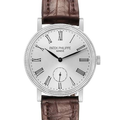 The Patek Philippe Calatrava 7119G Women's White Gold White Dial watch is shown from the front, highlighting the dial, Roman numerals, and brown leather strap.
