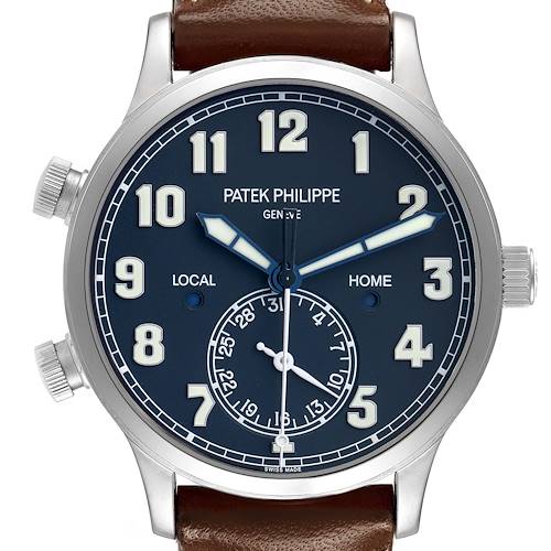 The Patek Philippe Calatrava 5524G-001 Men's White Gold Blue Dial watch is shown from the front, displaying its dial, hands, numerals, and leather strap.