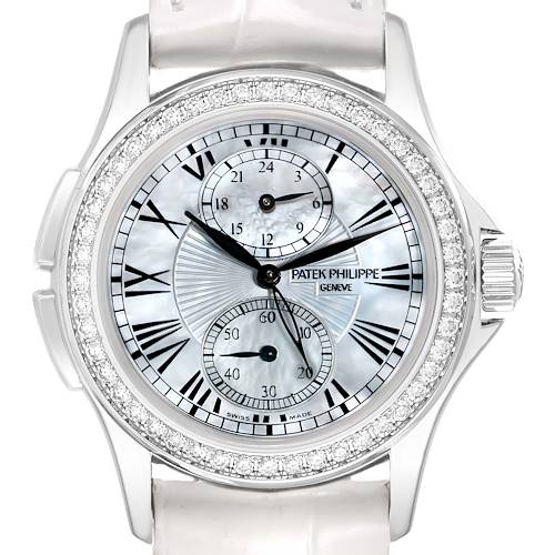 The Patek Philippe Calatrava 4934G-001 Women's White Gold Mother of Pearl Dial watch is shown from the front, highlighting its dial, bezel with diamonds, and elegant strap.